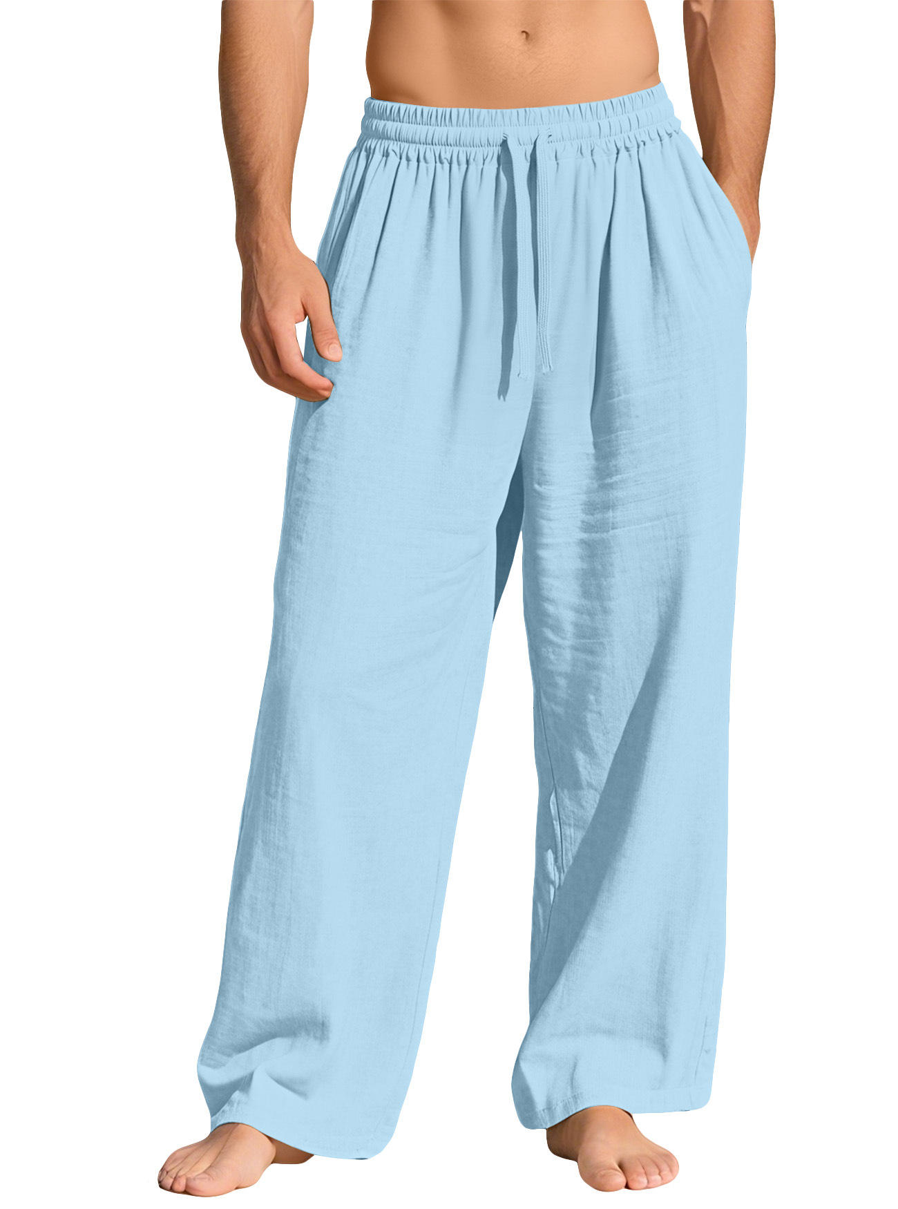 Men's linen loose-fitting solid color pocket drawstring casual sports pants