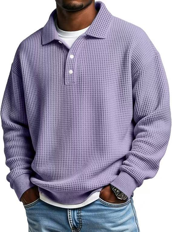 Men's Solid Waffle-Knit Polo Sweatshirt