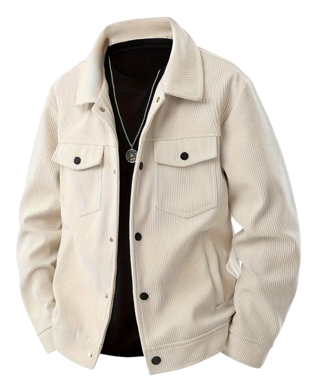 Trendy single-breasted coat with lapels in corduroy fabric.