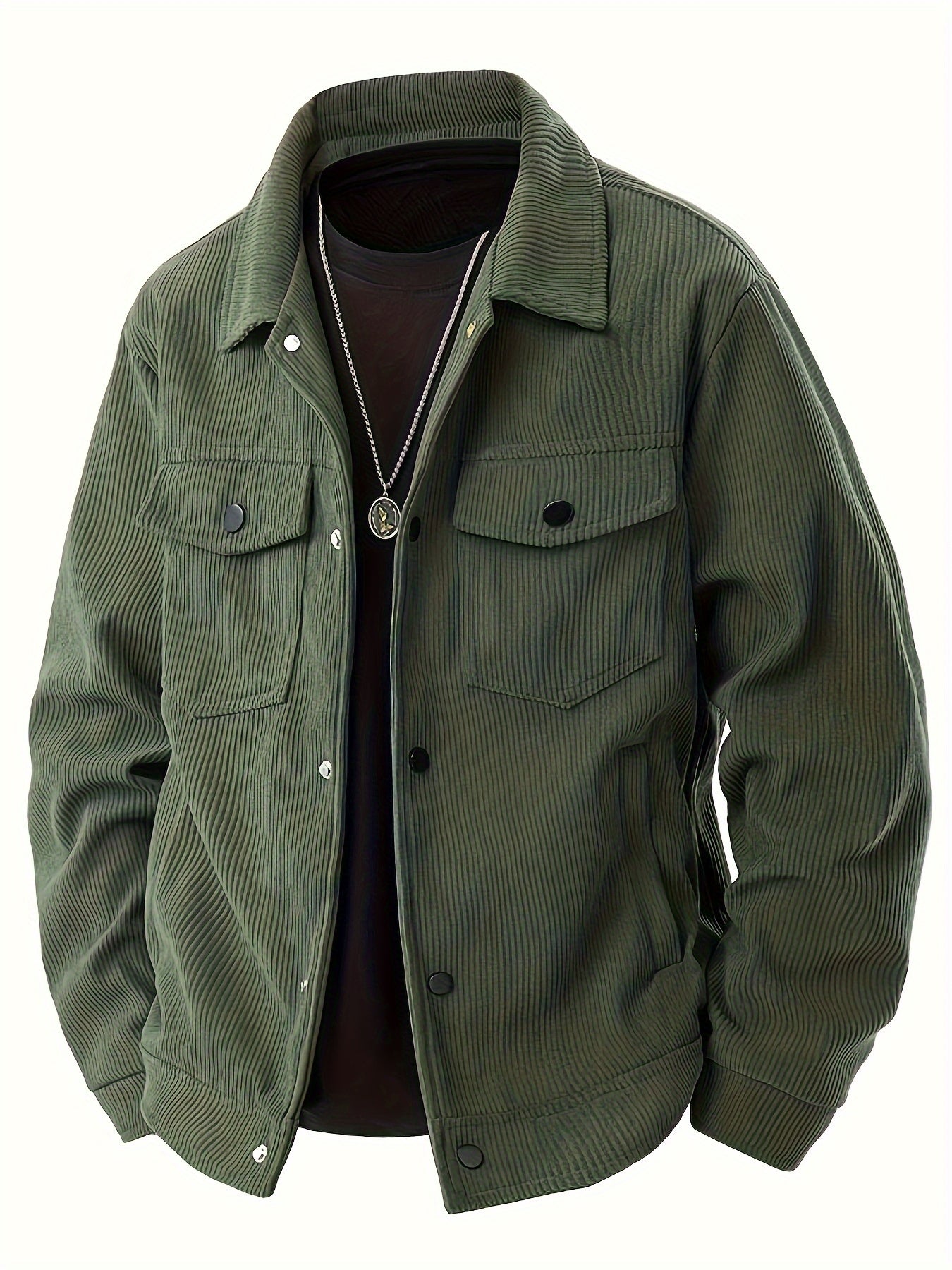 Trendy single-breasted coat with lapels in corduroy fabric.