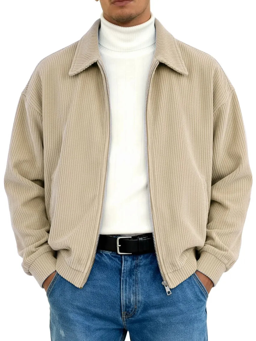 Men's Stylish Vintage Ribbed Fabric Long-sleeved Lapel Motorcycle Jacket