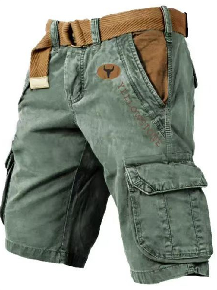 Men's outdoor casual work shorts, 100% cotton, multi-pocket, solid color hiking shorts.