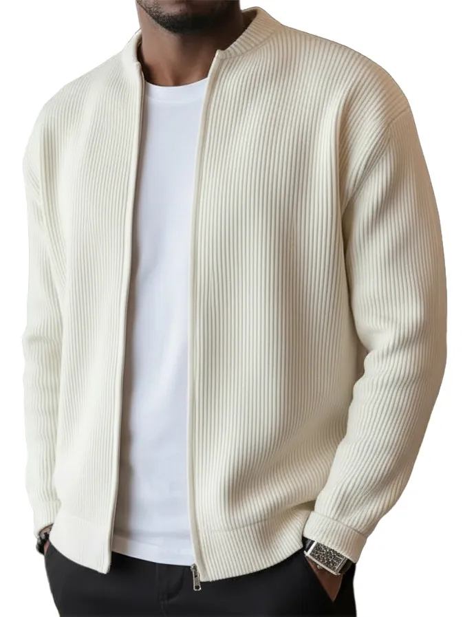Men's Simple Casual Ribbed Stand Collar Zipper Long Sleeved Jacket