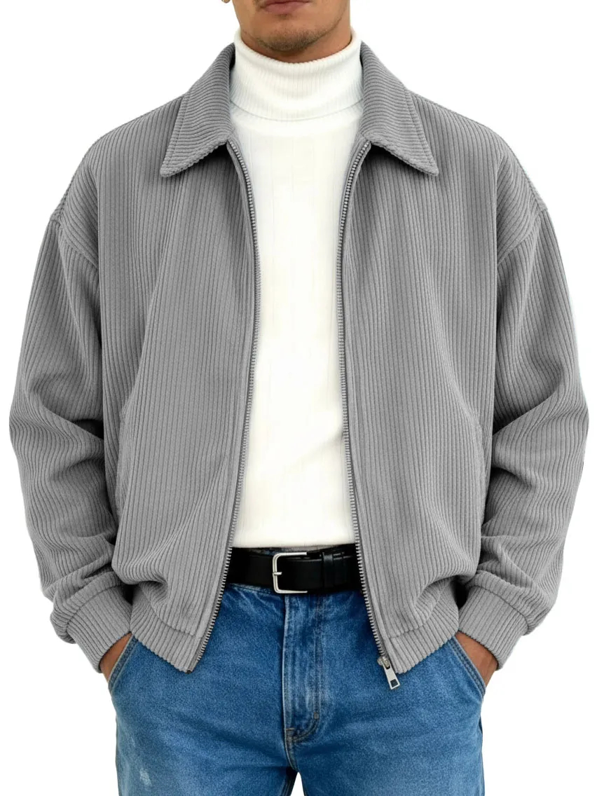 Men's Stylish Vintage Ribbed Fabric Long-sleeved Lapel Motorcycle Jacket