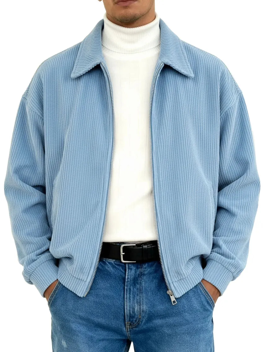 Men's Stylish Vintage Ribbed Fabric Long-sleeved Lapel Motorcycle Jacket