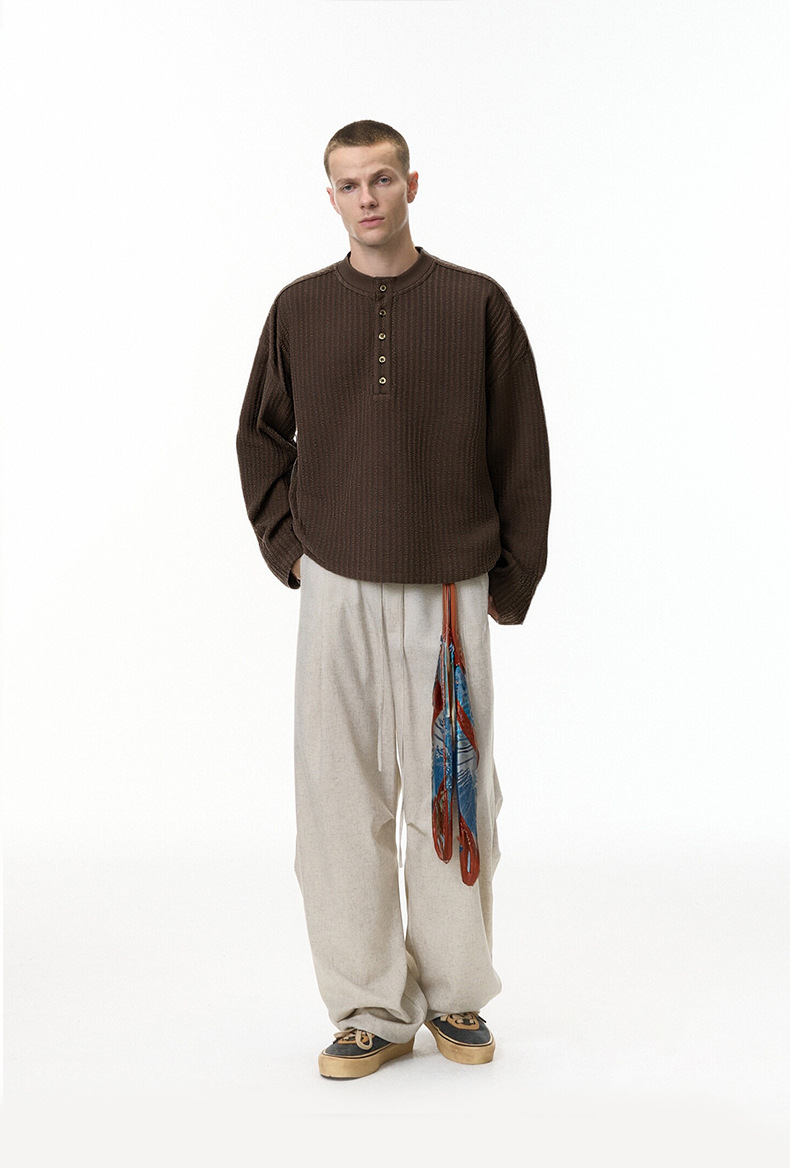 Men's Old Money Style Henry Collar Long-Sleeve Casual Solid Color Sweater