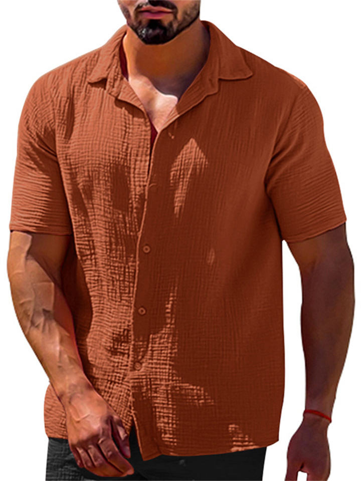 Summer Casual Lapel Solid Color Short Sleeve Button Men's Linen Shirt