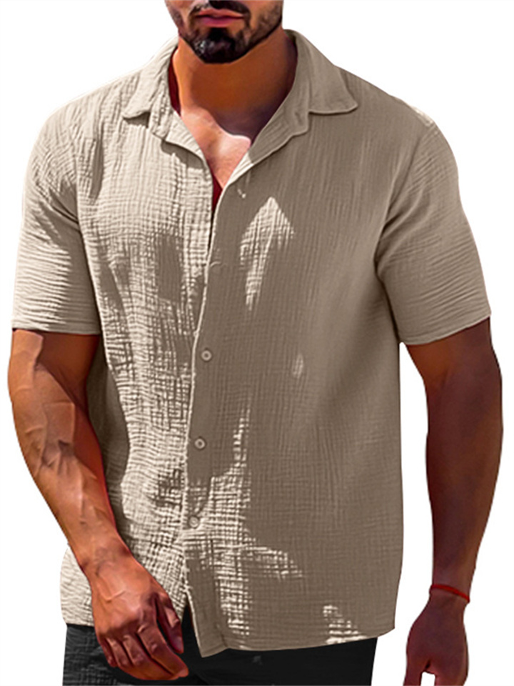 Summer Casual Lapel Solid Color Short Sleeve Button Men's Linen Shirt