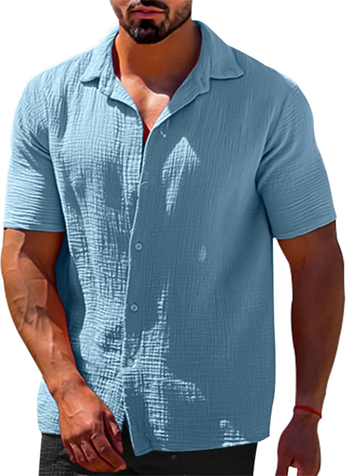 Summer Casual Lapel Solid Color Short Sleeve Button Men's Linen Shirt