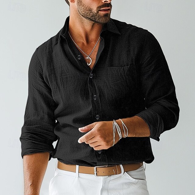 Men's Button-Down Collar Linen Shirt with Pocket