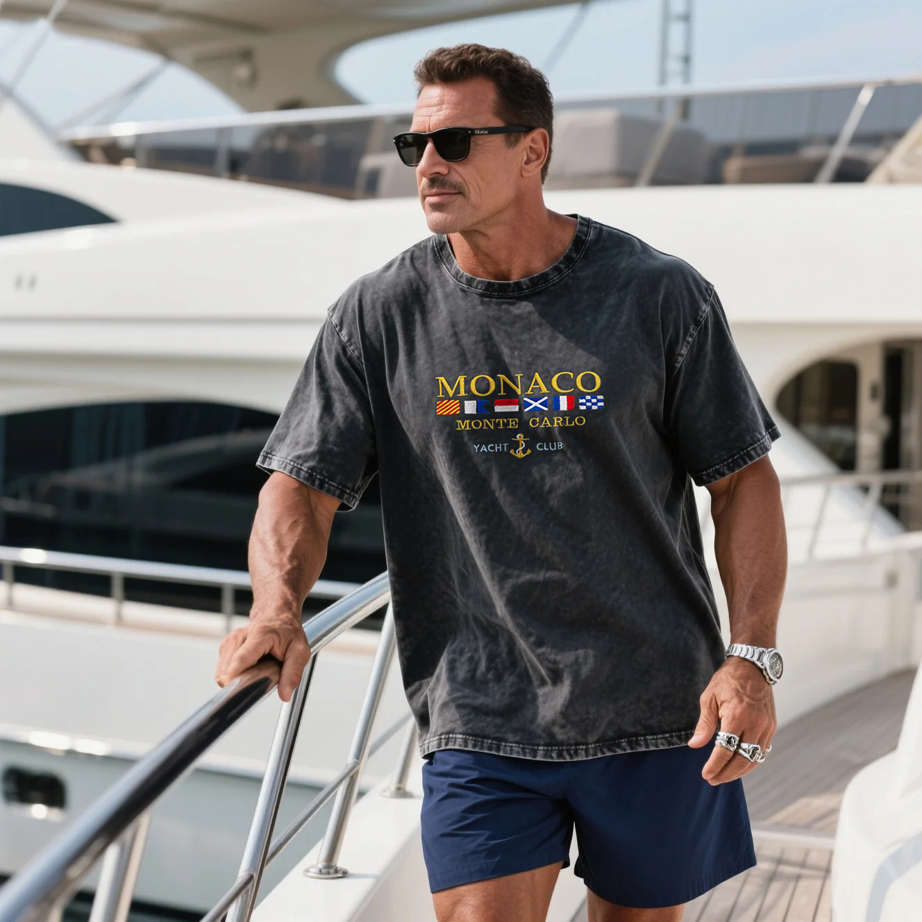 Vintage Washed Men's Loose And Comfortable Cotton Yacht Club Short-sleeved T-shirt Monaco Print Top