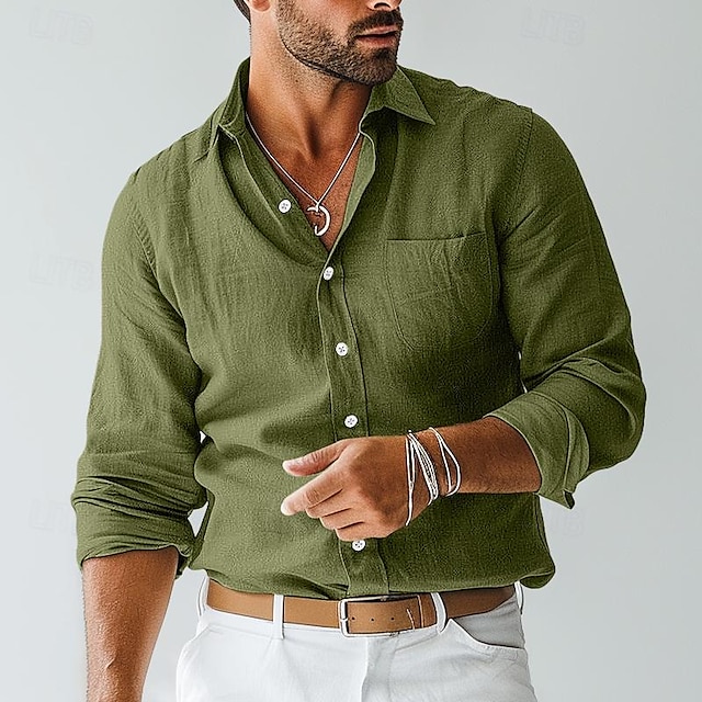 Men's Button-Down Collar Linen Shirt with Pocket