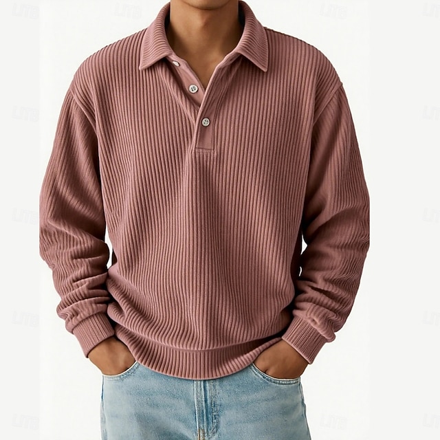Men's corduroy polo shirt casual sports lapel long sleeve fashion basic style