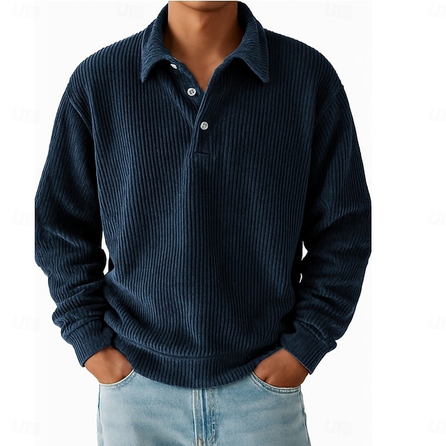 Men's corduroy polo shirt casual sports lapel long sleeve fashion basic style