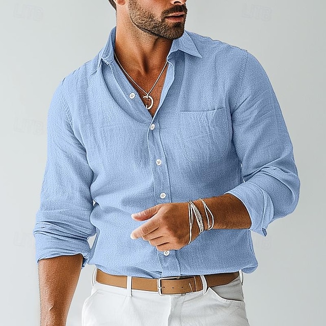 Men's Button-Down Collar Linen Shirt with Pocket