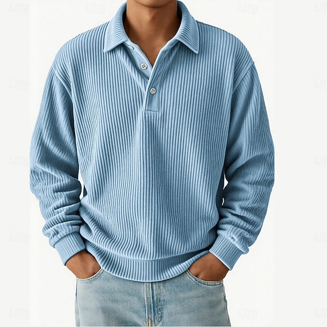 Men's corduroy polo shirt casual sports lapel long sleeve fashion basic style