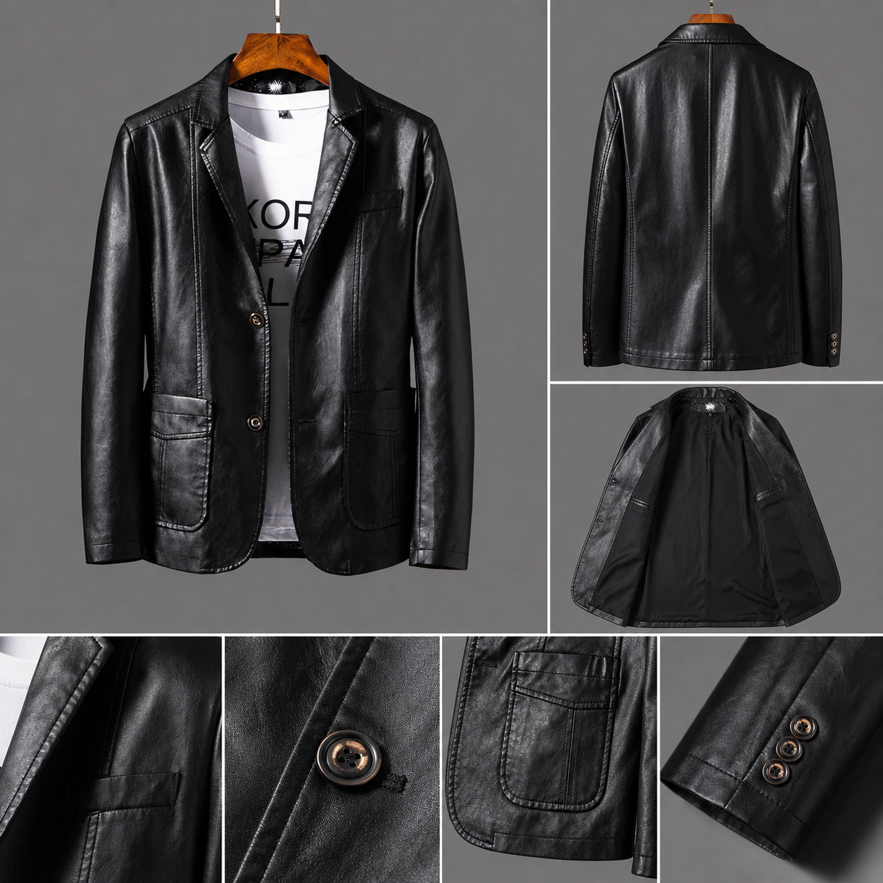Close-up of vegan leather texture on men's blazer