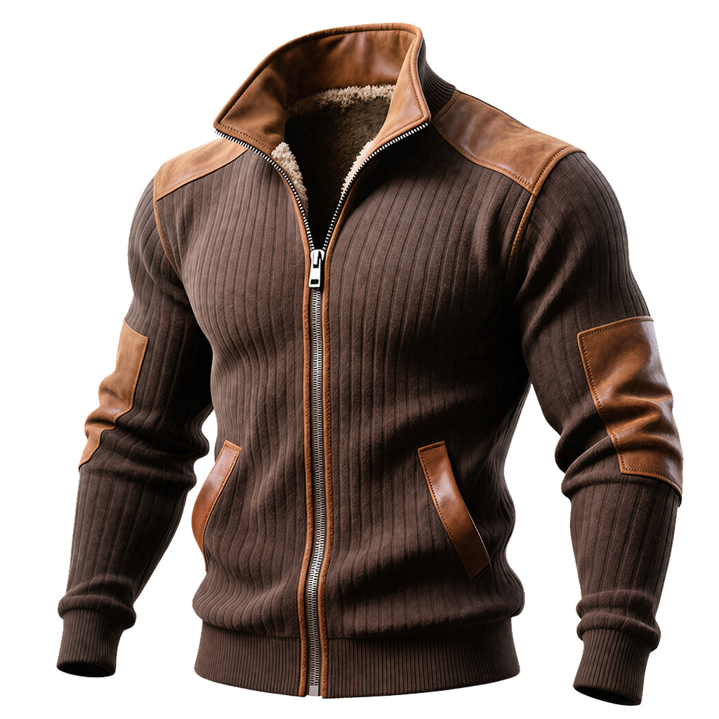 Men'S Color-Blocked Textured Velvet Zipper Casual Jacket