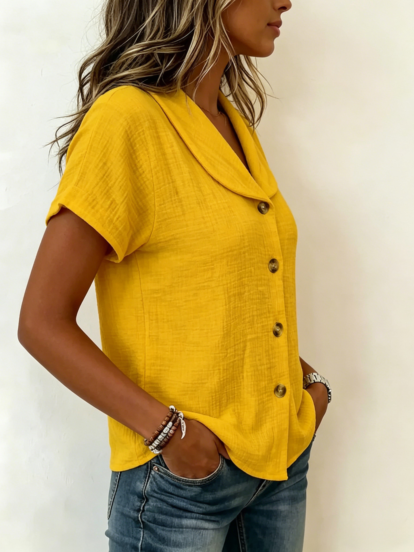 Summer new solid color short-sleeved cardigan button women's tops thin style