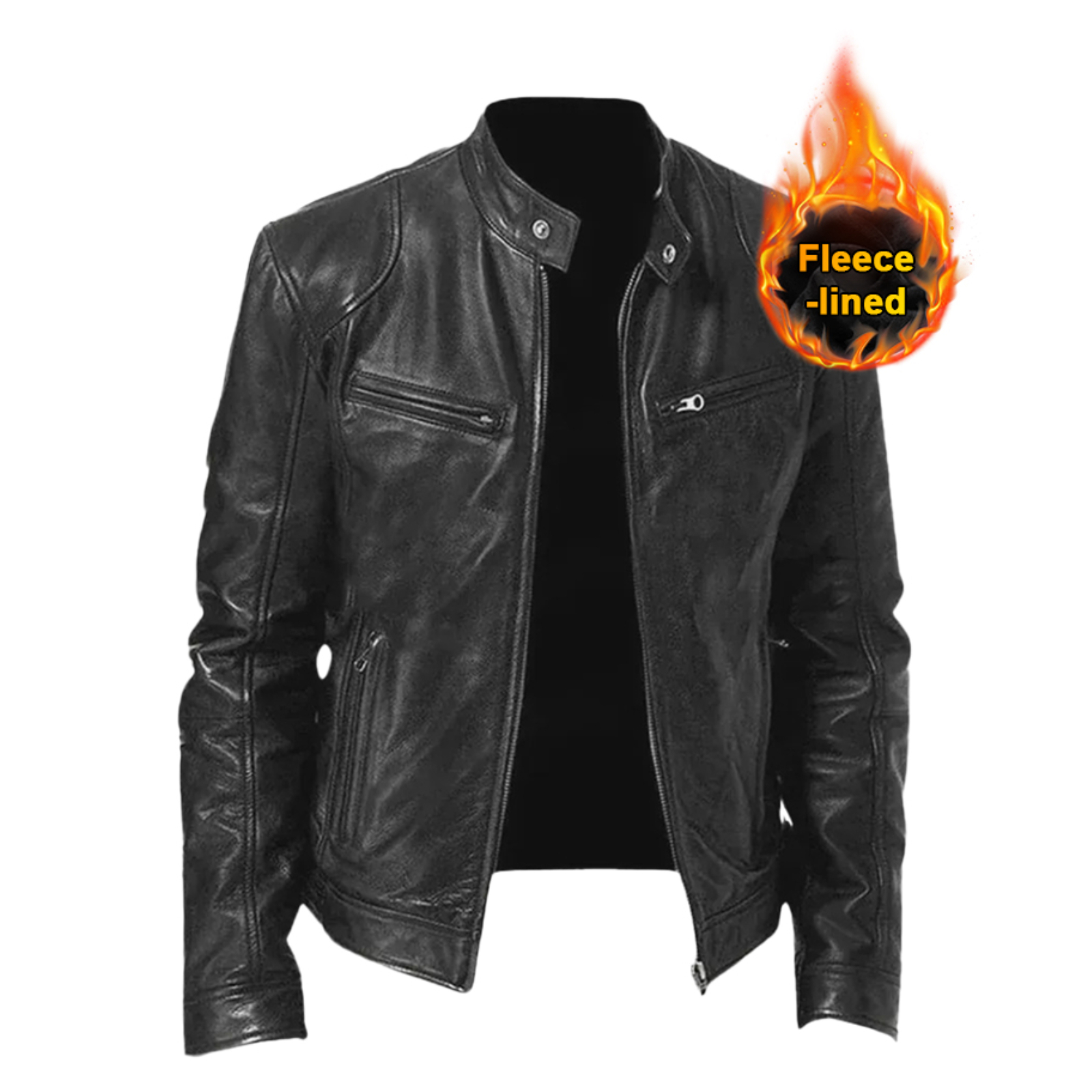 Men's Textured Leather Jacket with Stand Collar & Zip Pockets