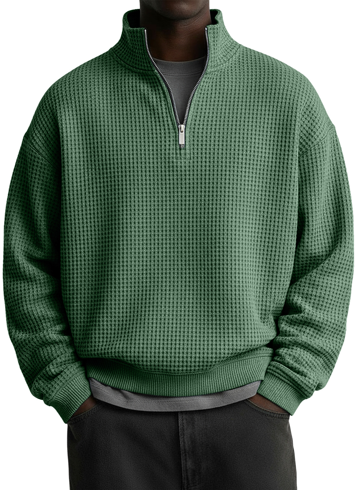 Men's Casual Solid Waffle Fabric Stand Collar Zip Sweatshirt