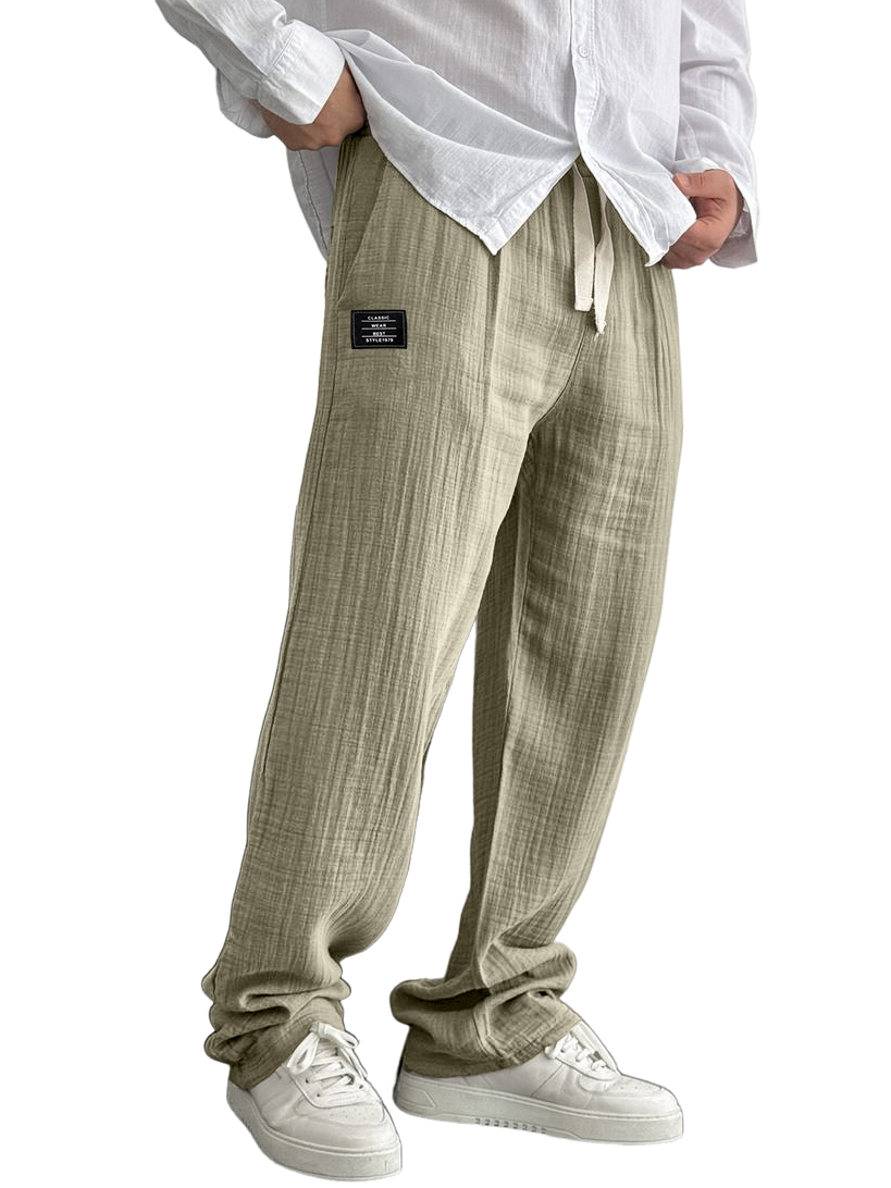 Men's Cotton And Linen Casual Embroidered Logo Drawstring Loose Elastic Waist Pocket Trousers