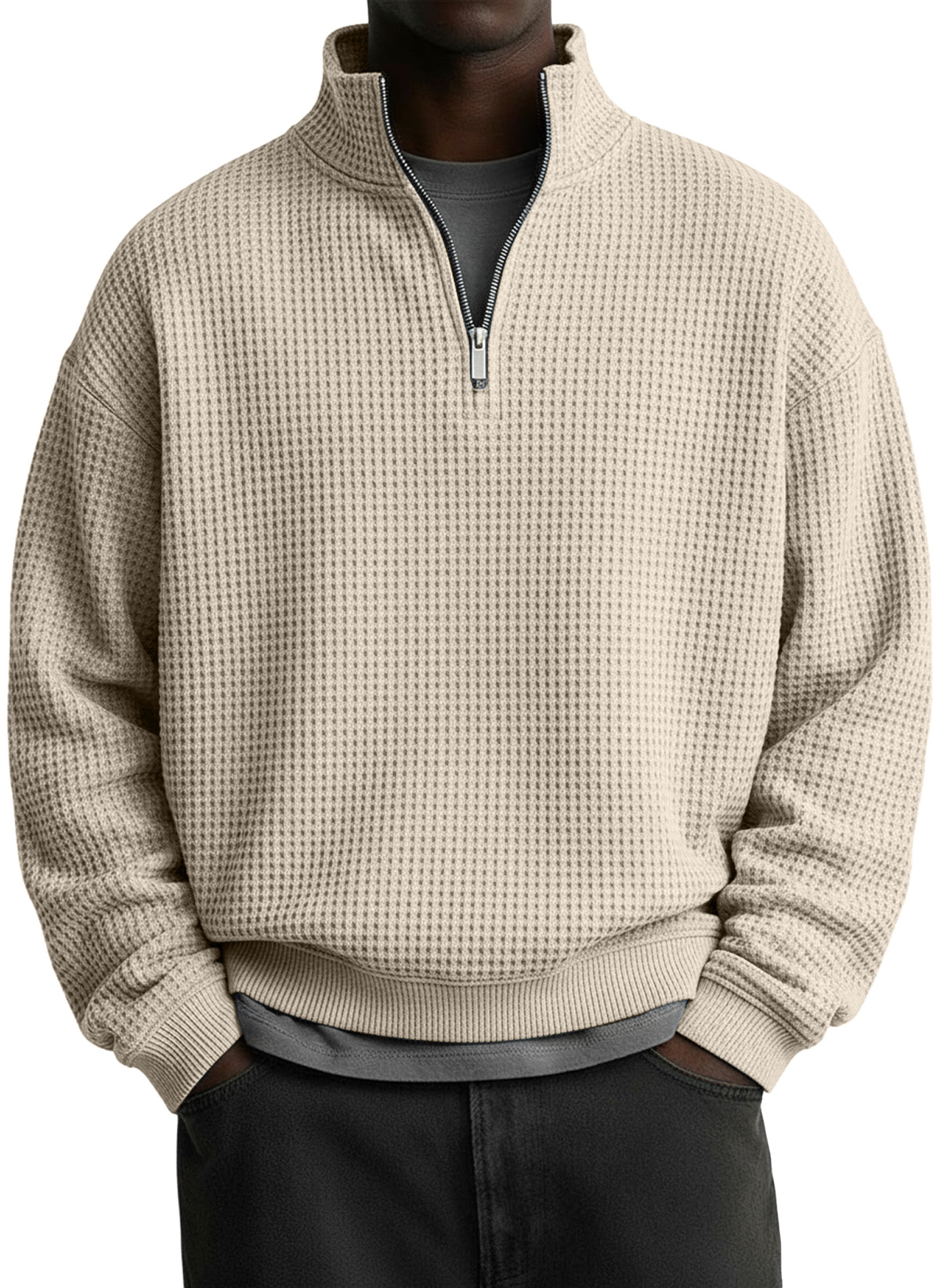 Men's Casual Solid Waffle Fabric Stand Collar Zip Sweatshirt