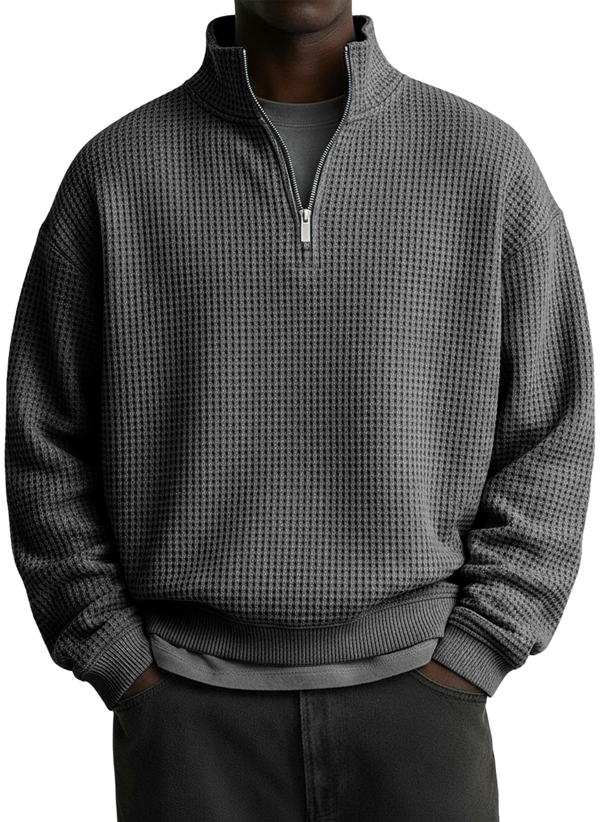 Men's Casual Solid Waffle Fabric Stand Collar Zip Sweatshirt