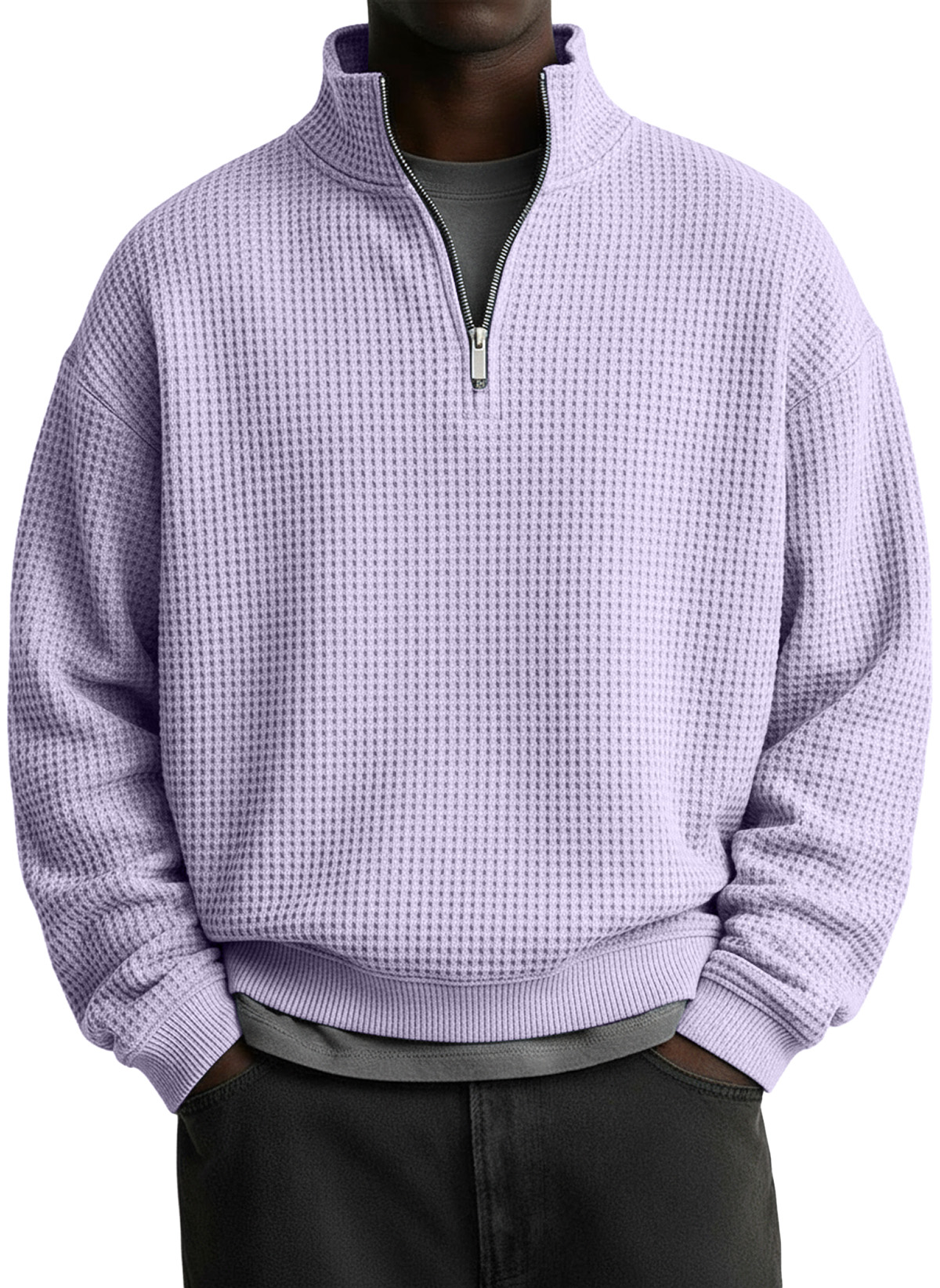 Men's Casual Solid Waffle Fabric Stand Collar Zip Sweatshirt