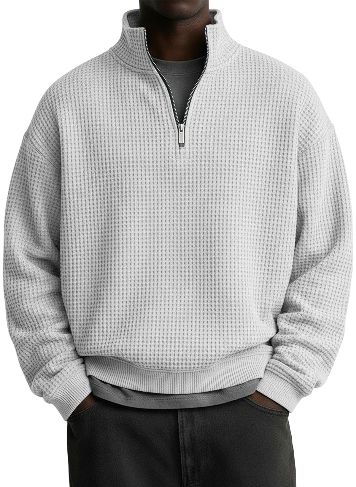 Men's Casual Solid Waffle Fabric Stand Collar Zip Sweatshirt