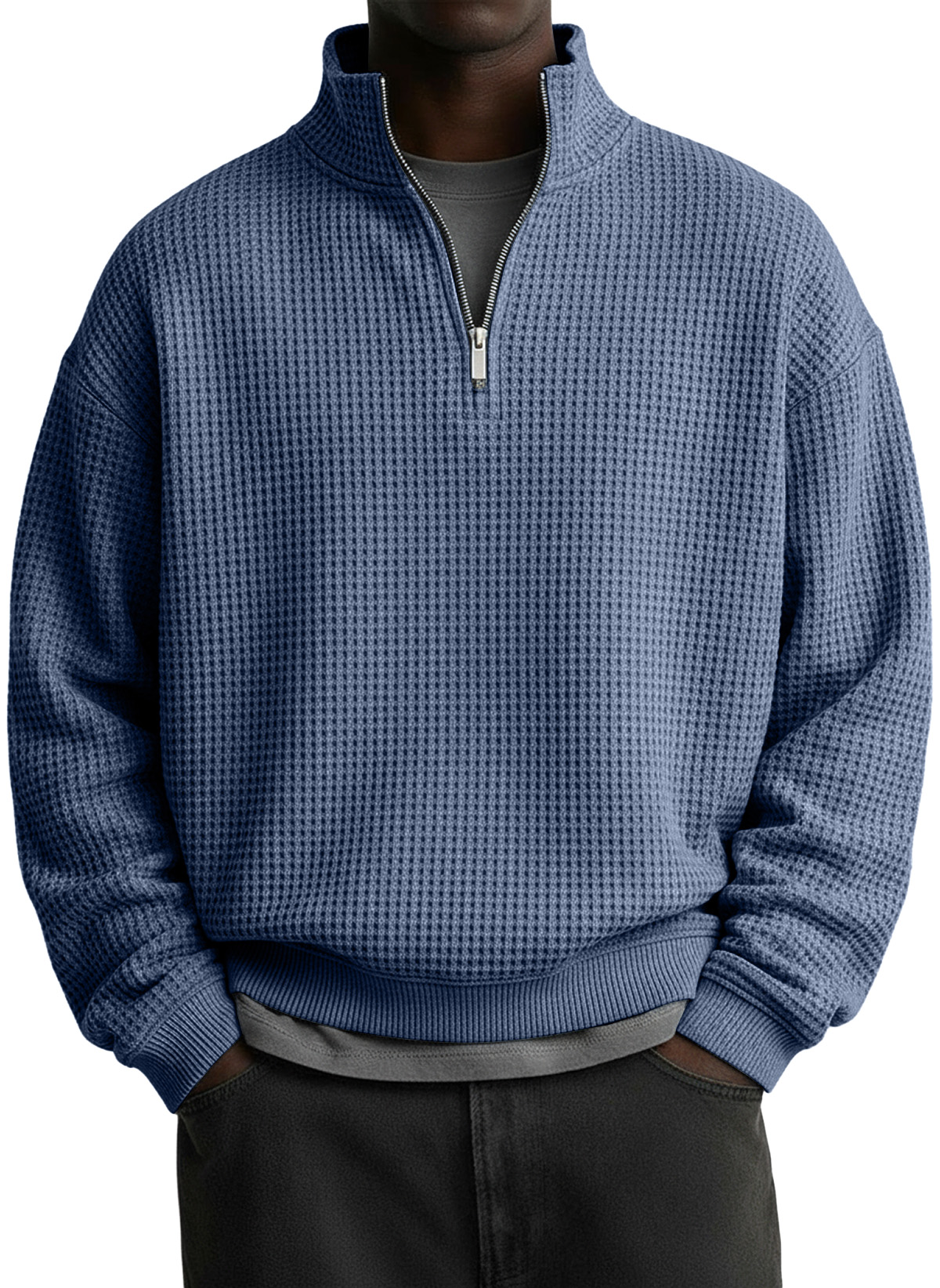 Men's Casual Solid Waffle Fabric Stand Collar Zip Sweatshirt