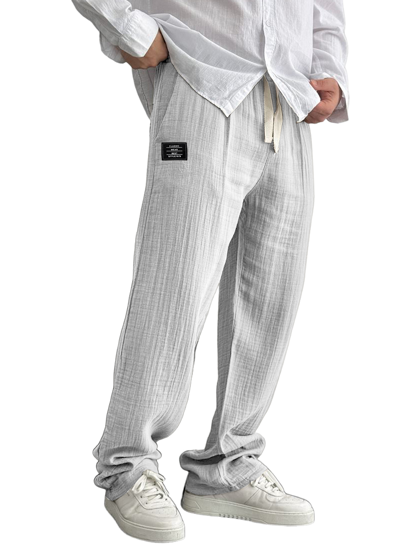 Men's Cotton And Linen Casual Embroidered Logo Drawstring Loose Elastic Waist Pocket Trousers
