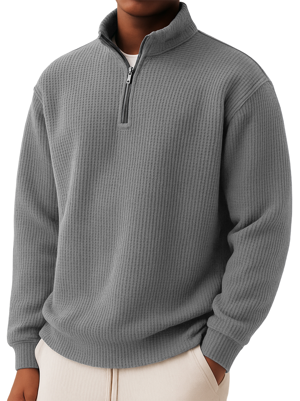 Men's Classic Waffle-Knit Quarter-Zip Pullover - Breathable Casual Long Sleeve Shirt