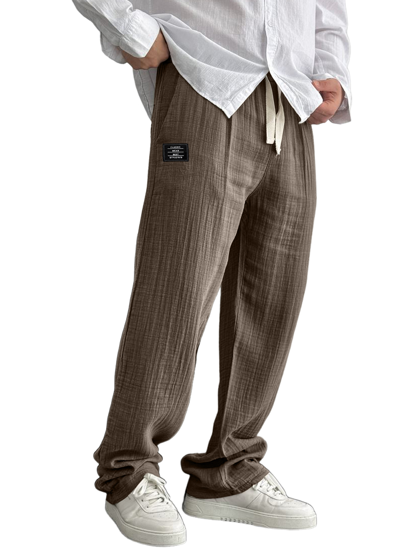 Men's Cotton And Linen Casual Embroidered Logo Drawstring Loose Elastic Waist Pocket Trousers
