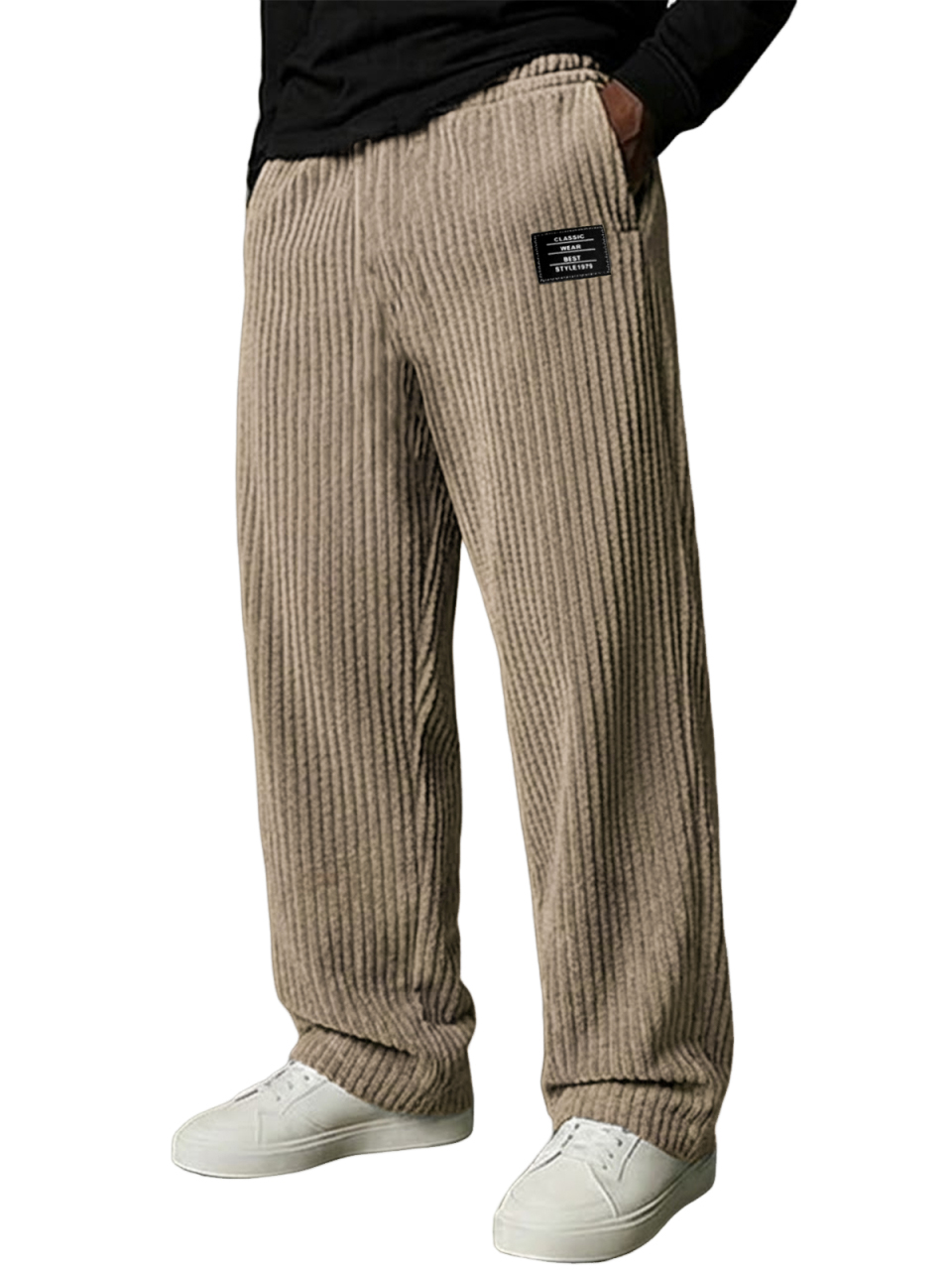 Men's Stylish Vertical Striped Corduroy Trousers with Embroidered Label