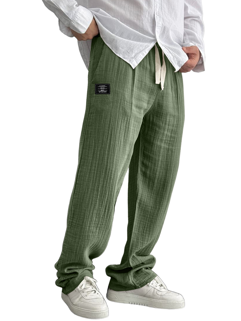 Men's Cotton And Linen Casual Embroidered Logo Drawstring Loose Elastic Waist Pocket Trousers