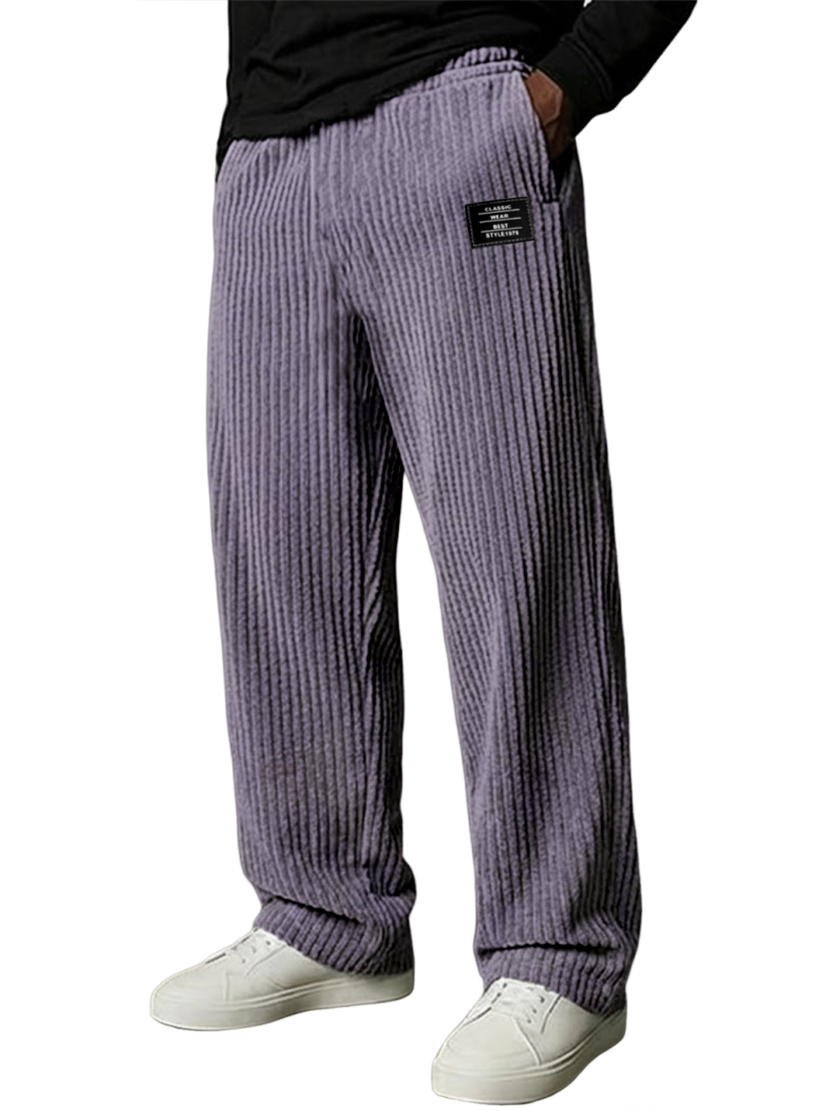 Men's Stylish Vertical Striped Corduroy Trousers with Embroidered Label