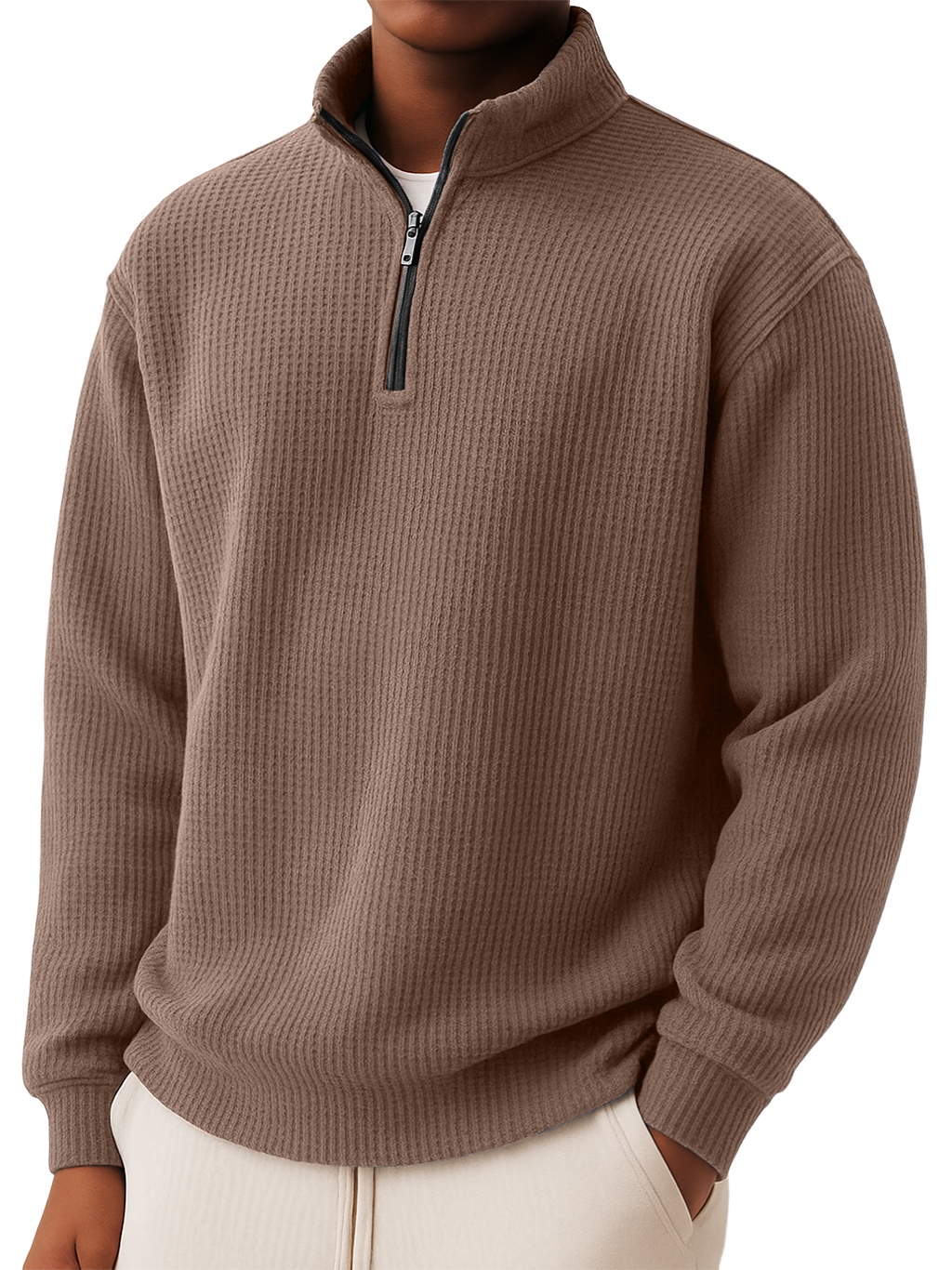 Men's Classic Waffle-Knit Quarter-Zip Pullover - Breathable Casual Long Sleeve Shirt
