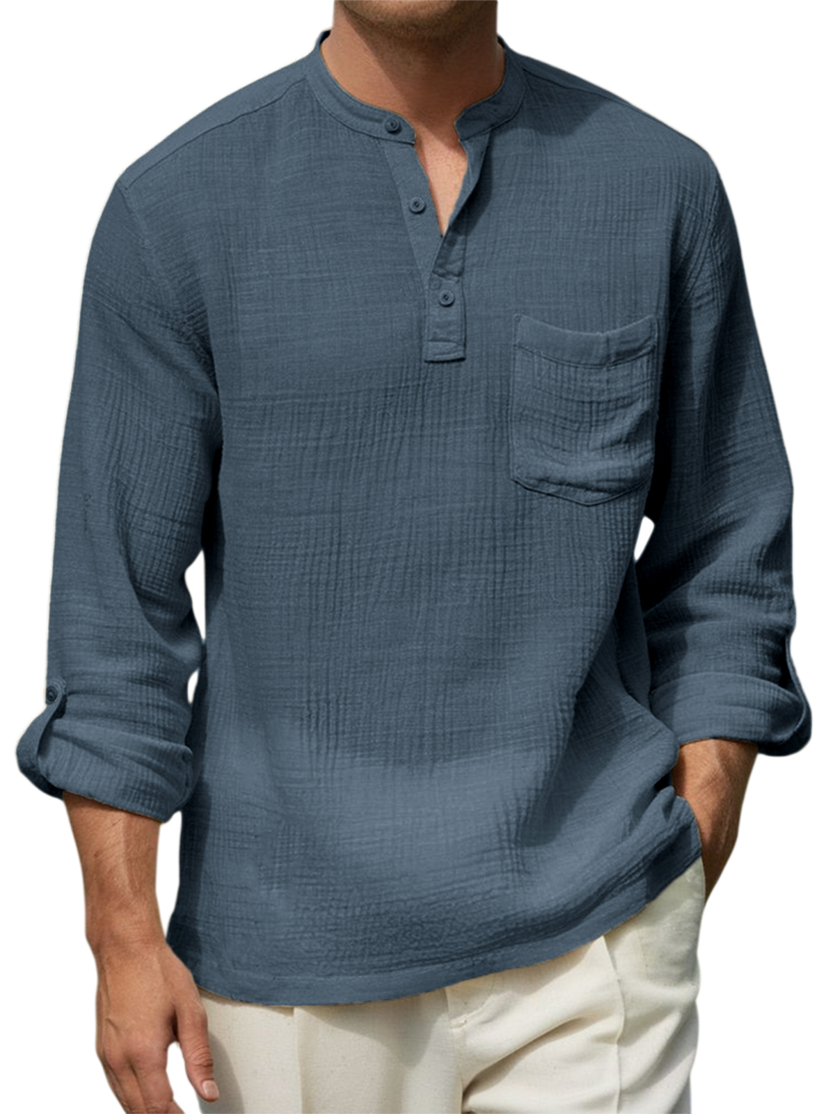 Men's Breathable Cotton-linen Wrinkled Henley Shirt with Pockets