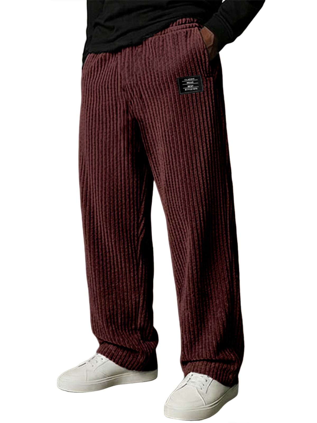 Men's Stylish Vertical Striped Corduroy Trousers with Embroidered Label