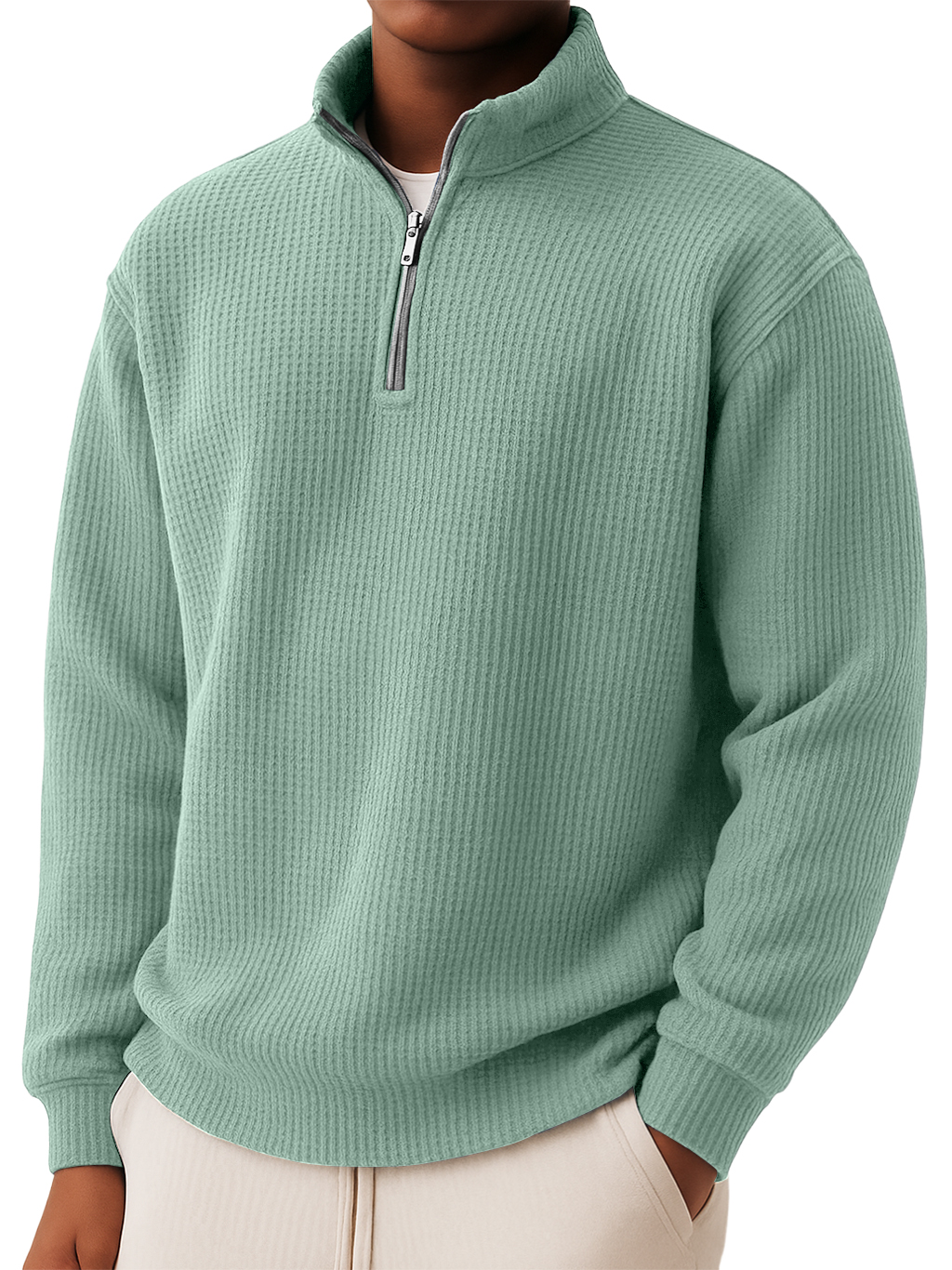Men's Classic Waffle-Knit Quarter-Zip Pullover - Breathable Casual Long Sleeve Shirt