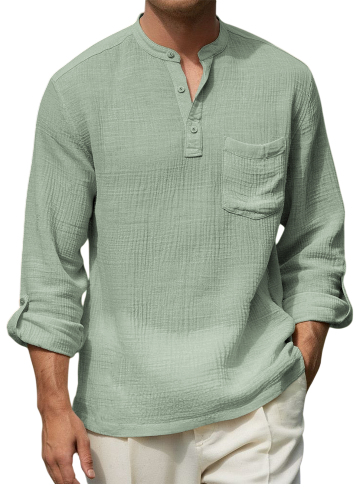 Men's Breathable Cotton-linen Wrinkled Henley Shirt with Pockets