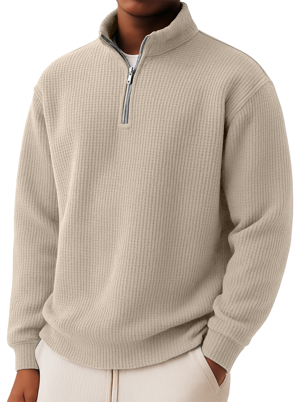 Men's Classic Waffle-Knit Quarter-Zip Pullover - Breathable Casual Long Sleeve Shirt
