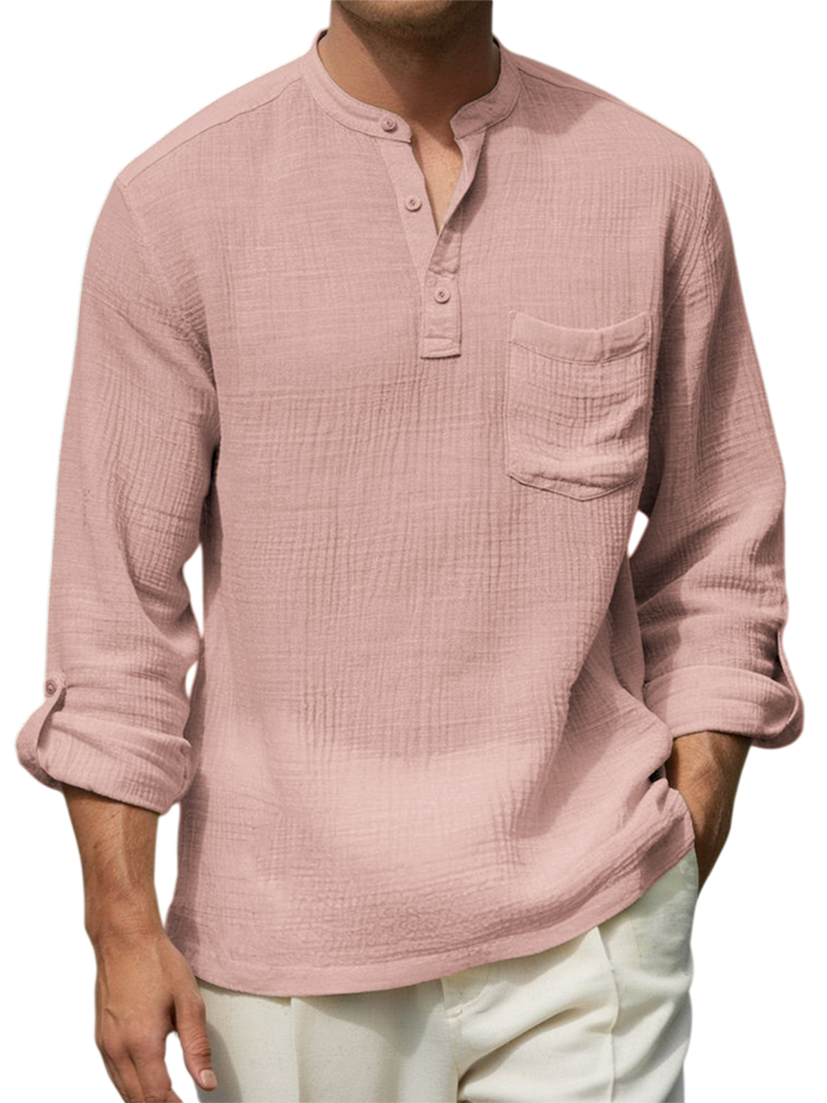 Men's Breathable Cotton-linen Wrinkled Henley Shirt with Pockets
