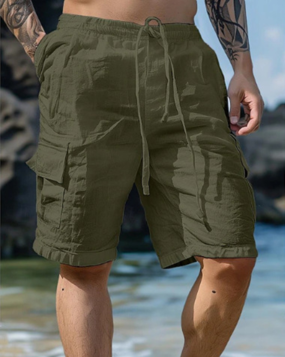 [Copy]Men's Casual Loose-Fit Cargo Shorts with Multiple Pockets Solid Color Mid-Rise Elastic Waist Drawstring
