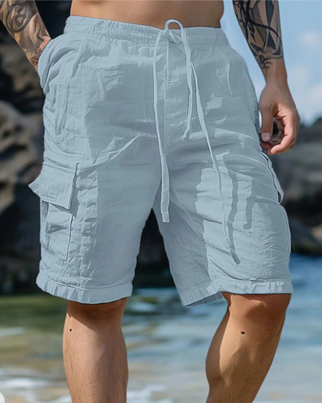 [Copy]Men's Casual Loose-Fit Cargo Shorts with Multiple Pockets Solid Color Mid-Rise Elastic Waist Drawstring