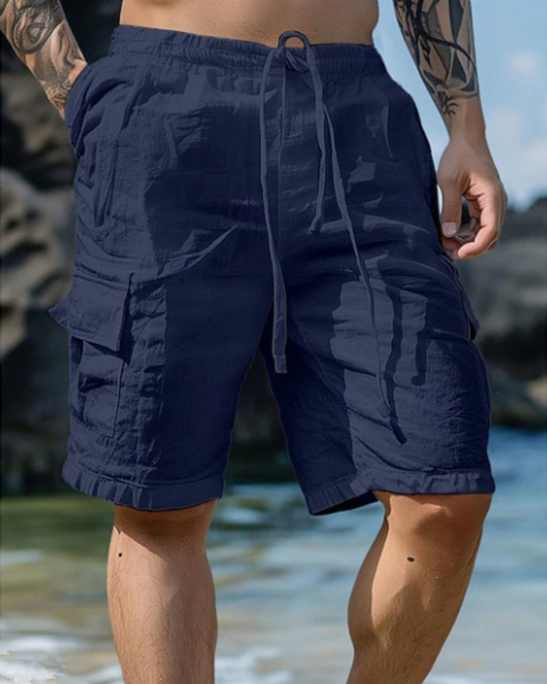[Copy]Men's Casual Loose-Fit Cargo Shorts with Multiple Pockets Solid Color Mid-Rise Elastic Waist Drawstring