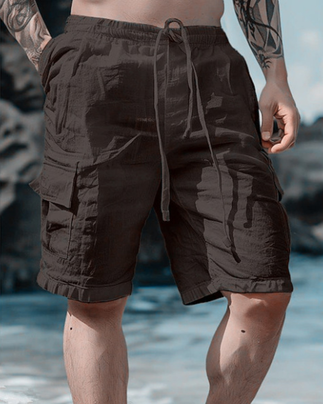 [Copy]Men's Casual Loose-Fit Cargo Shorts with Multiple Pockets Solid Color Mid-Rise Elastic Waist Drawstring