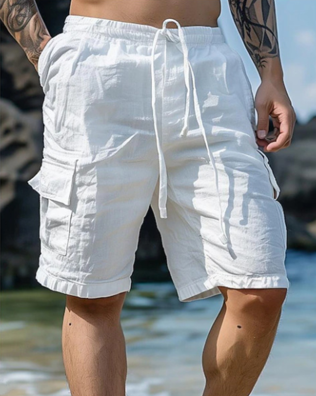 [Copy]Men's Casual Loose-Fit Cargo Shorts with Multiple Pockets Solid Color Mid-Rise Elastic Waist Drawstring