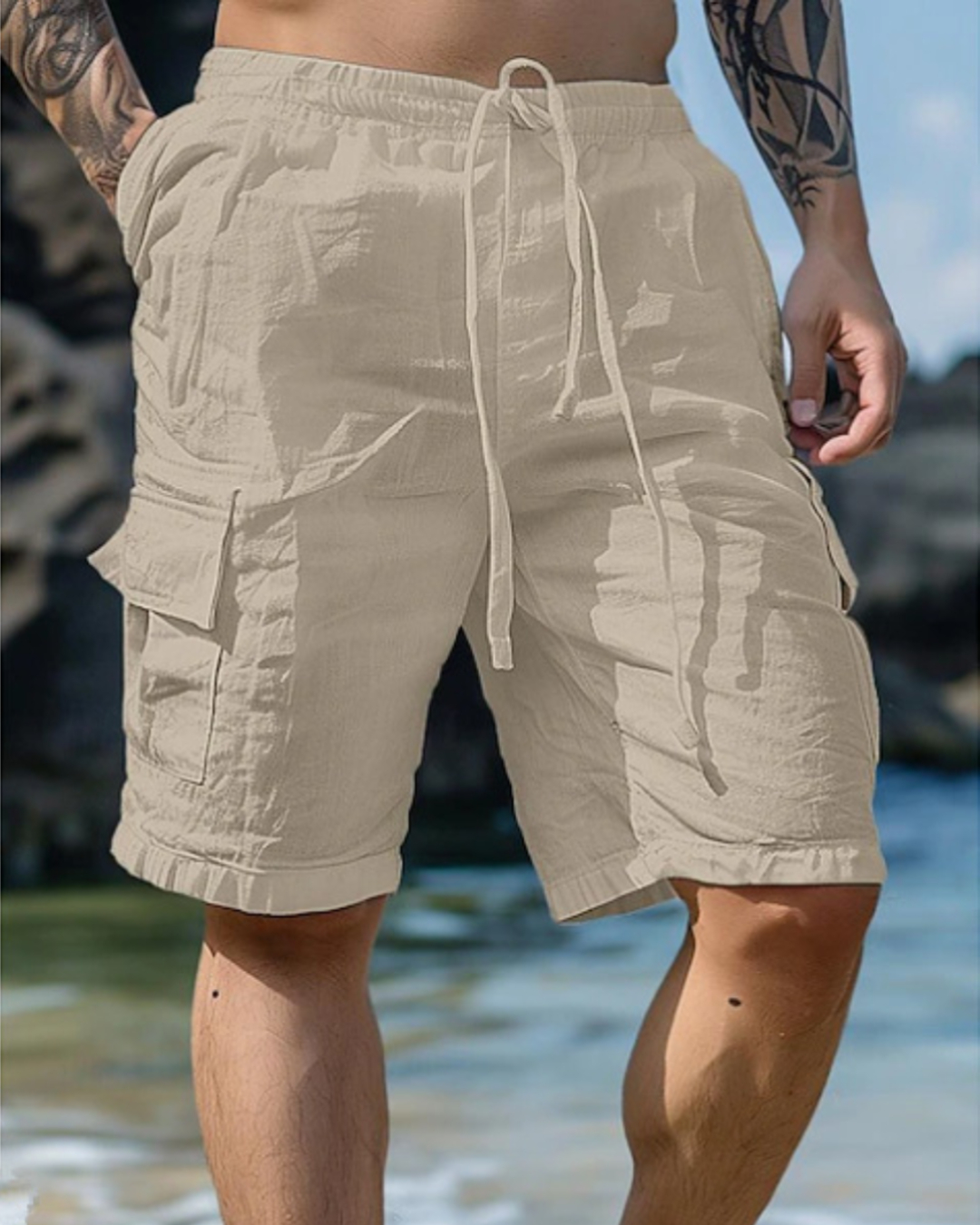 [Copy]Men's Casual Loose-Fit Cargo Shorts with Multiple Pockets Solid Color Mid-Rise Elastic Waist Drawstring